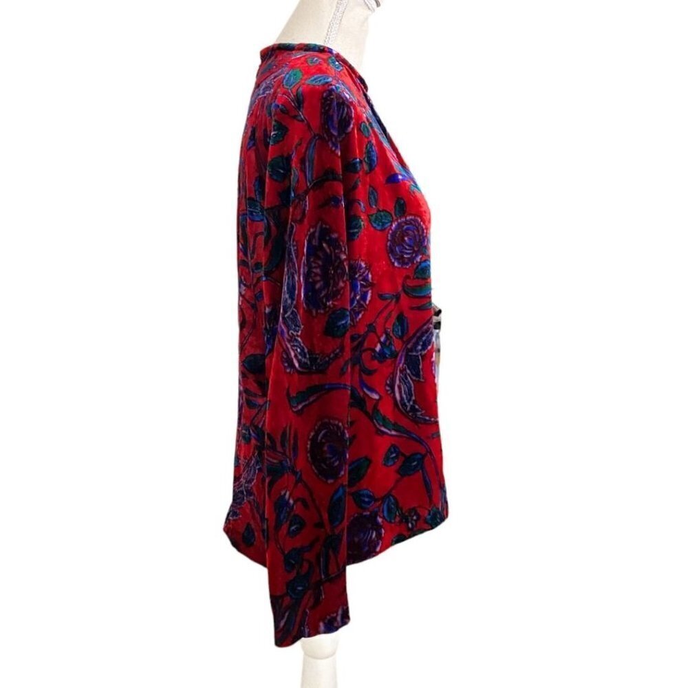 SANDRO PARIS RED BLUE GREEN FLORAL VELVET LONG TEE PULLOVER TOP - S (SIZE 1) - Picture 3 of 12